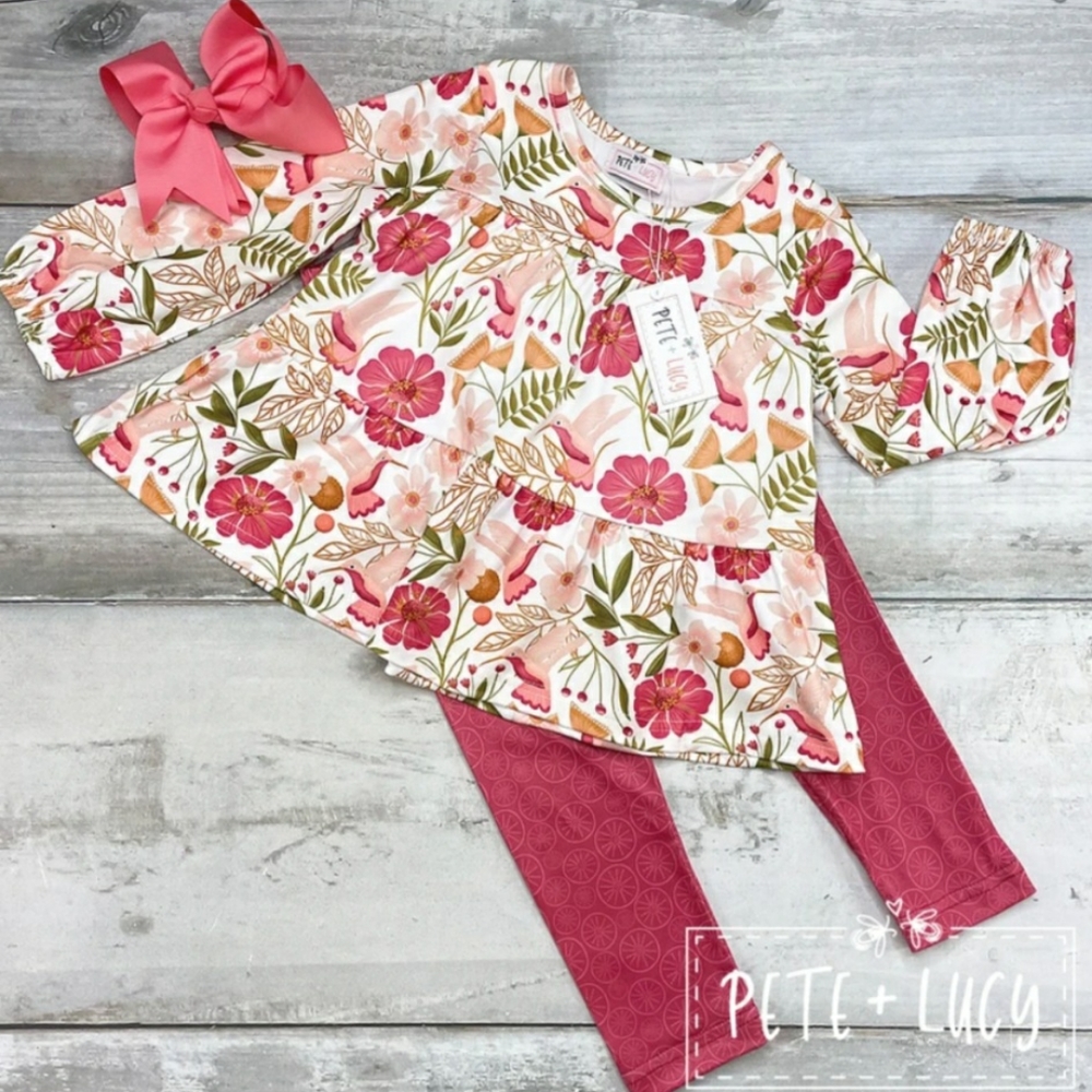 Pete and Lucy long sleeve shirt pants set dark pink hummingbirds